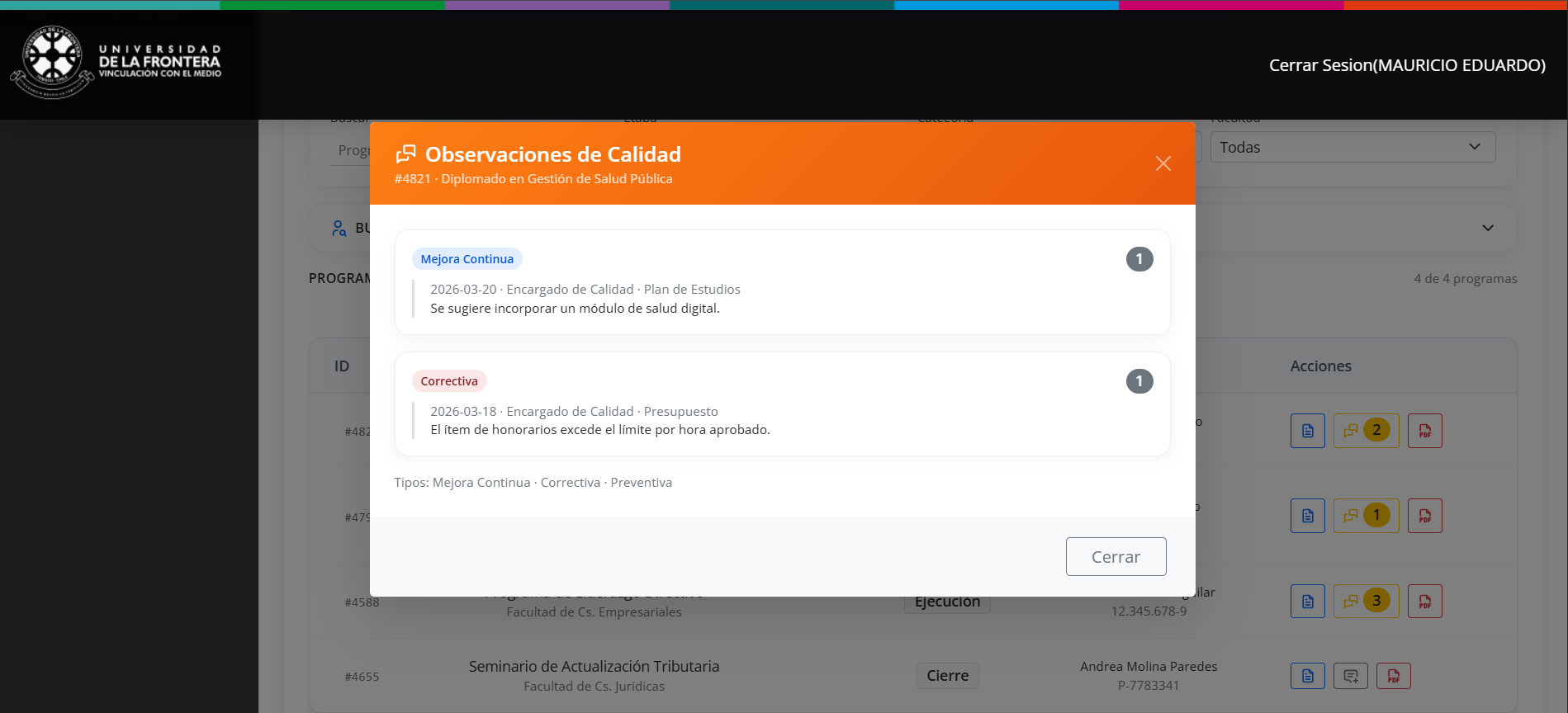 Registro de observación de calidad